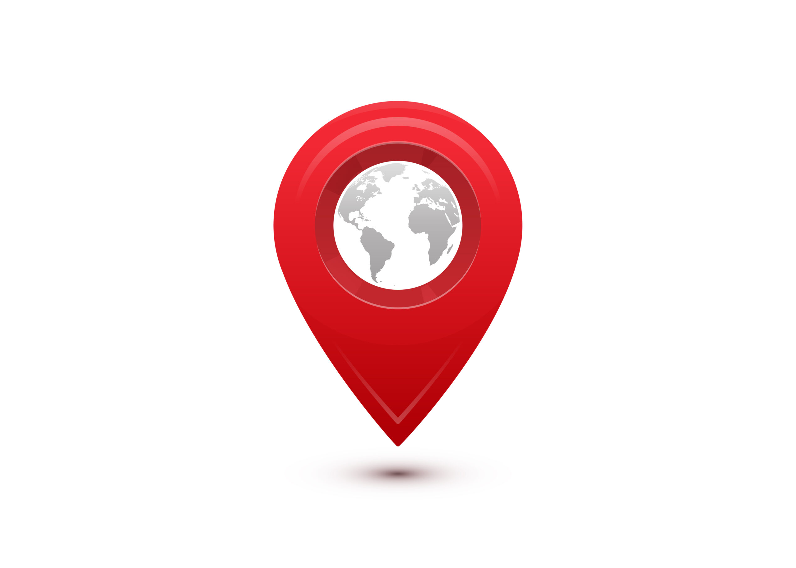 Destination concept. International travel journey. Red pointer with grey world map inside. Vector illustration